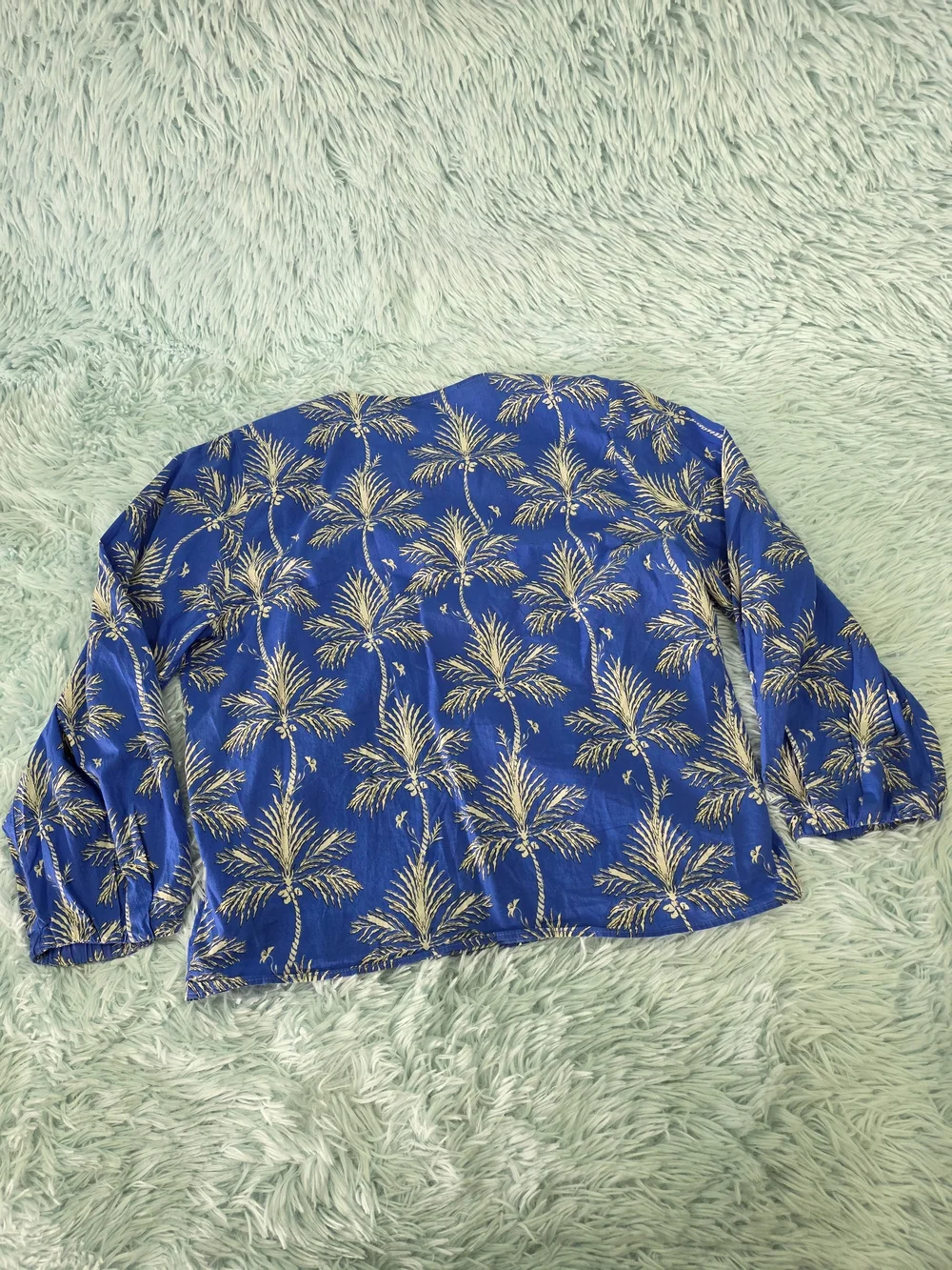Zara Blue‎ Palm Tree Print Blouse ZW Collection Size S Puff Sleeve Button Up Top